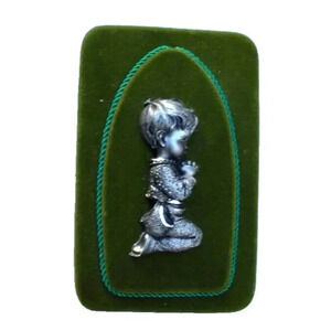 Vintage 1960's Italian Green Velvet Pewter Boy Praying On Knees Bed Side Table
